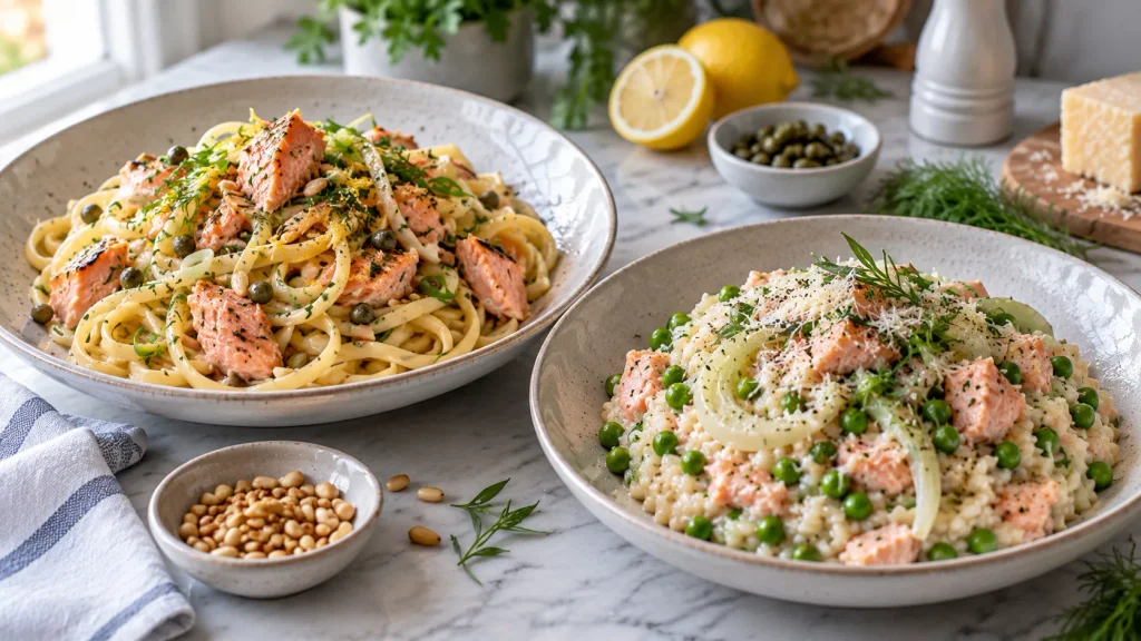 Mary Berry salmon pasta and risotto recipes with lemon caper linguine and creamy salmon risotto