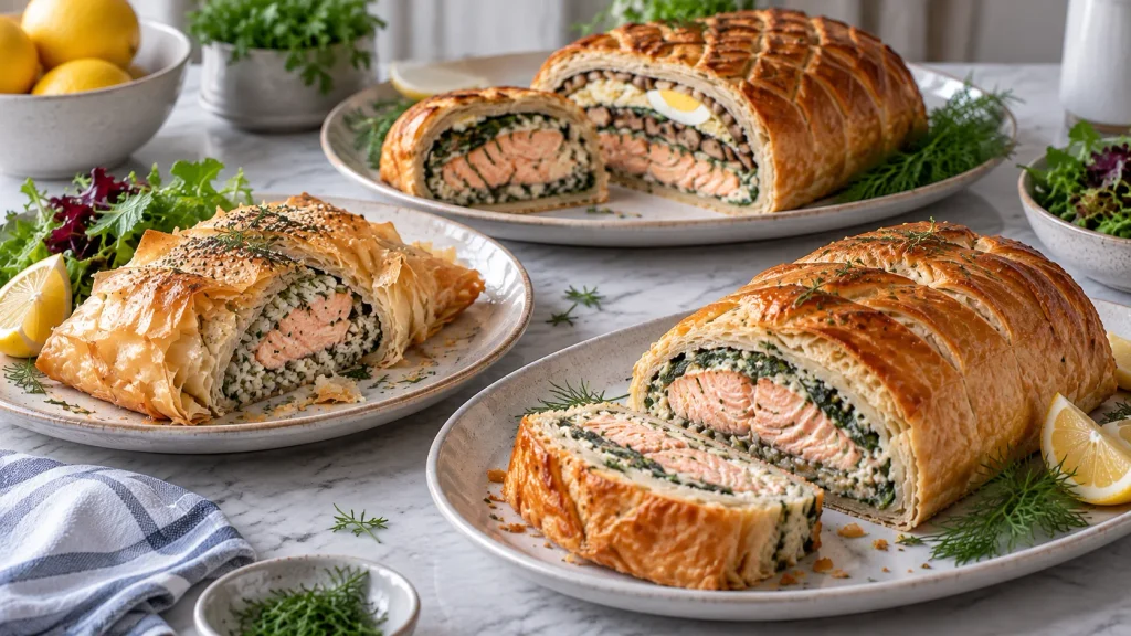 Mary Berry salmon pastry recipes including salmon coulibiac, salmon in filo pastry and salmon en croute