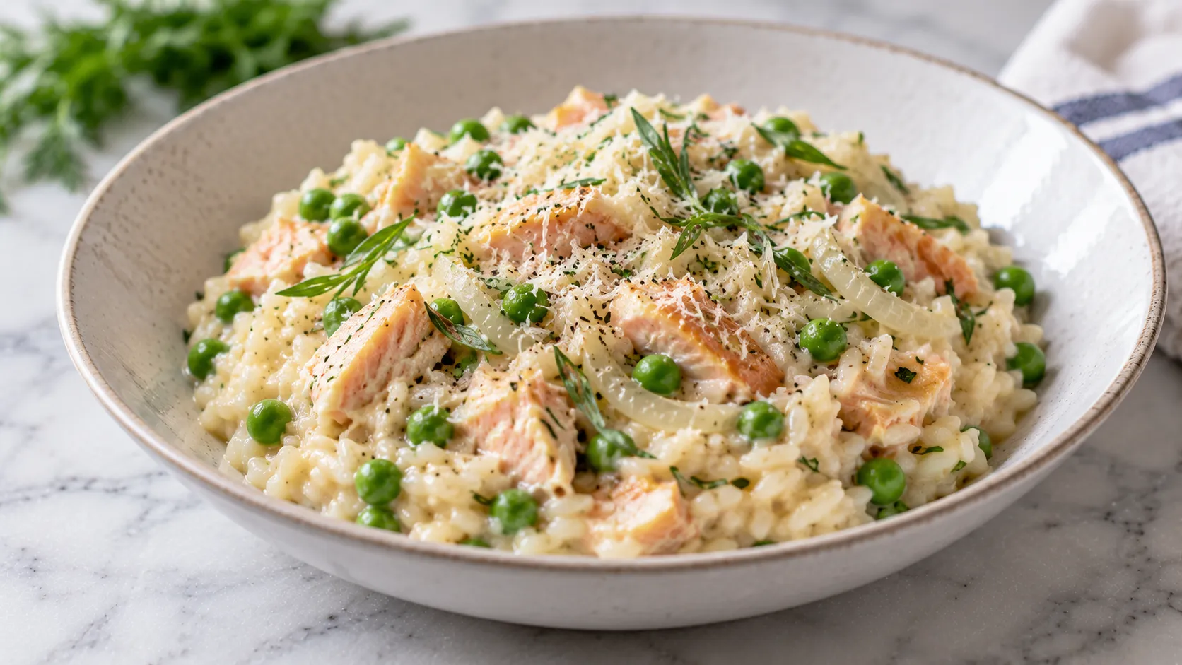 Mary Berry Salmon Risotto Recipe with tender salmon, creamy Arborio rice, peas and fennel
