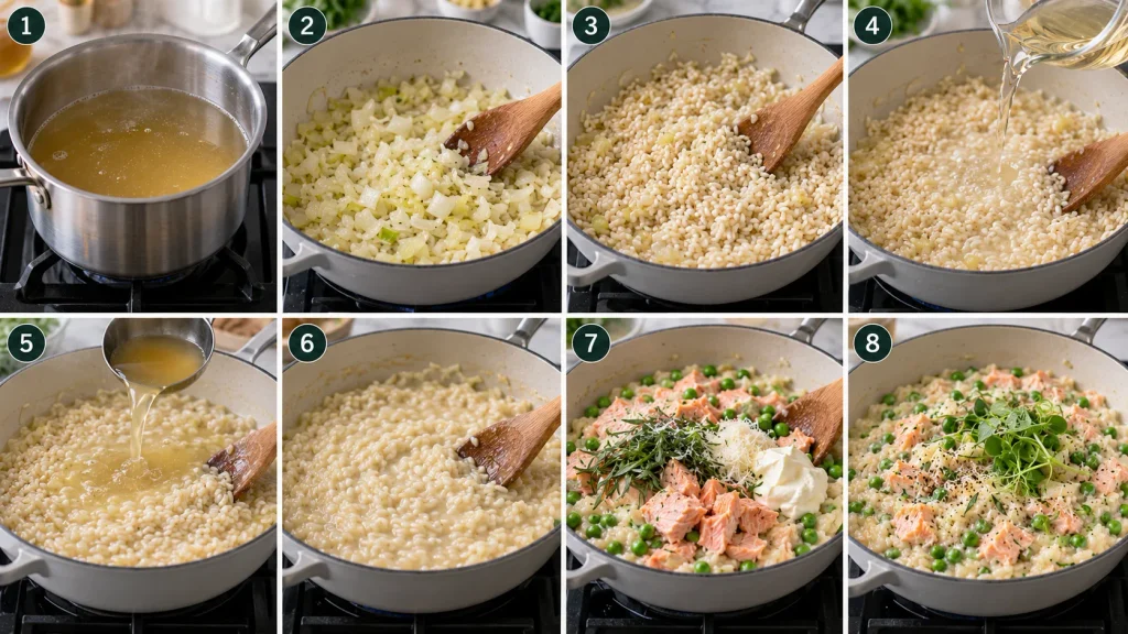Step-by-step cooking process for Mary Berry Salmon Risotto Recipe with rice, stock, salmon and peas