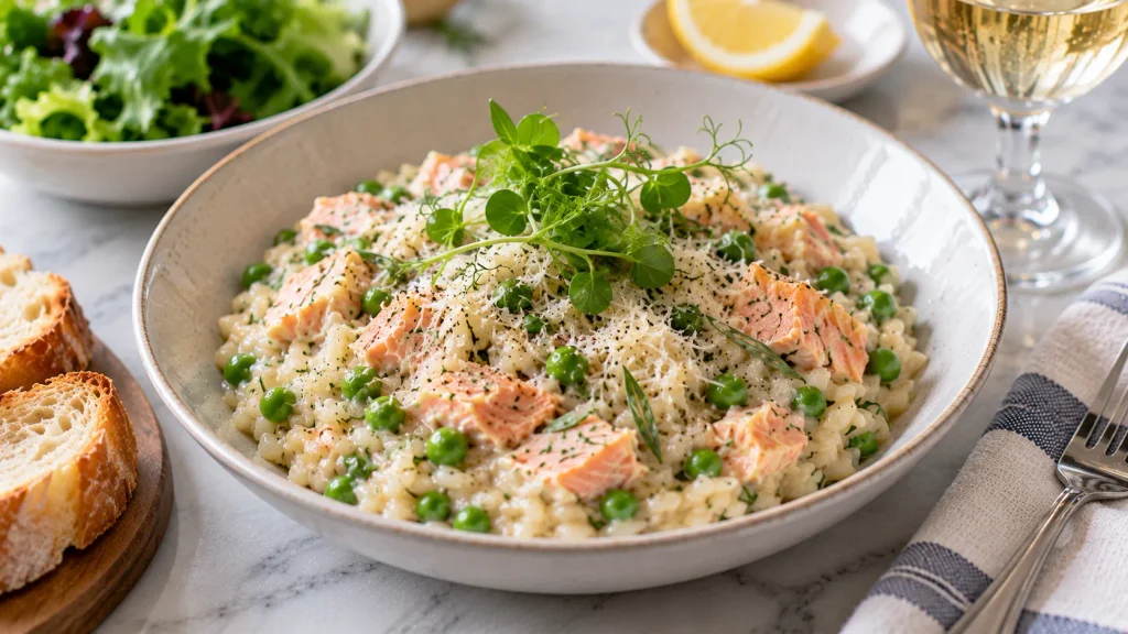 Mary Berry Salmon Risotto served hot and creamy with Parmesan and fresh pea shoots
