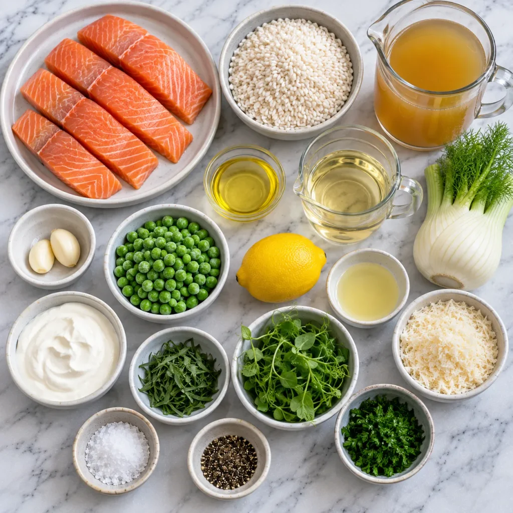 Ingredients for Mary Berry Salmon Risotto Recipe including salmon, Arborio rice, fennel, peas and Parmesan