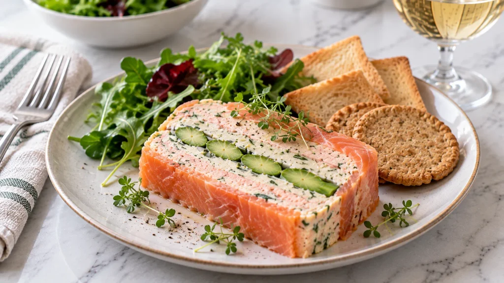 Mary Berry Salmon Terrine served in slices with cress and chilled accompaniments