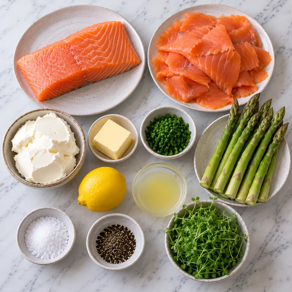 Ingredients for Mary Berry Salmon Terrine including fresh salmon, smoked salmon, asparagus, cream cheese and chives