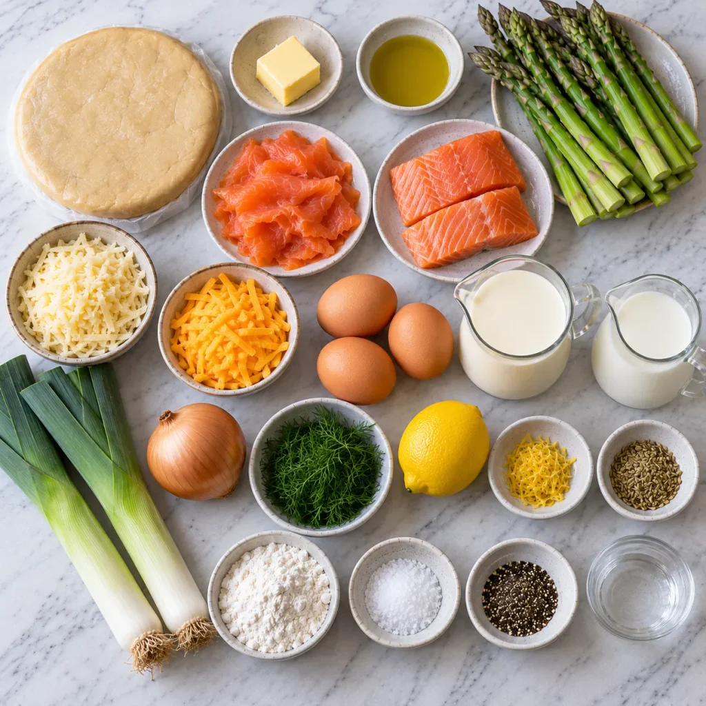 Ingredients for Mary Berry Salmon and Asparagus Quiche including salmon, asparagus, cheese, eggs and herbs