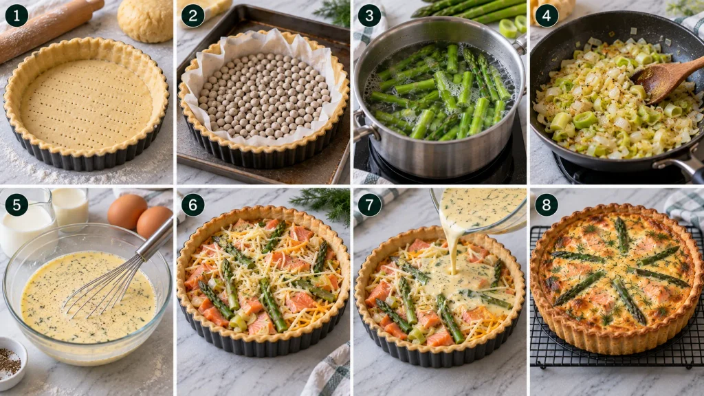 Step-by-step preparation of Mary Berry Salmon and Asparagus Quiche