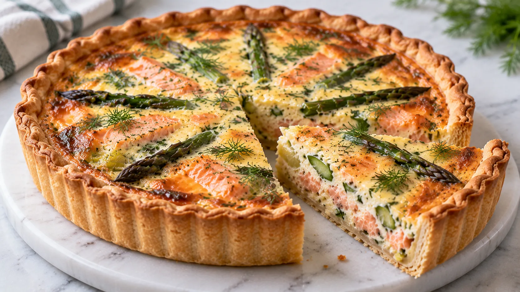 Mary Berry Salmon and Asparagus Quiche with golden pastry, smoked salmon and asparagus
