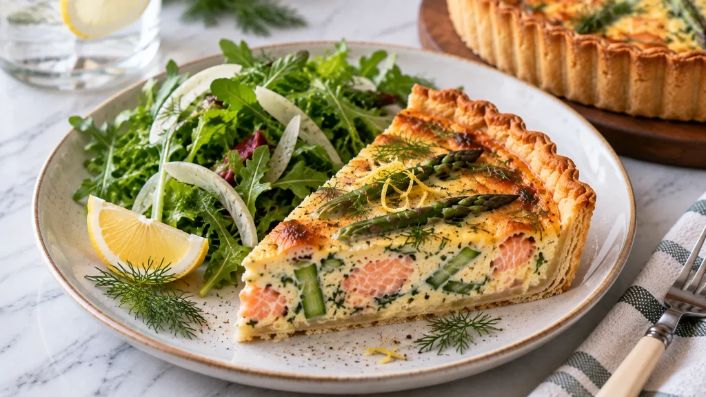 Mary Berry Salmon and Asparagus Quiche served with green salad, dill and lemon zest