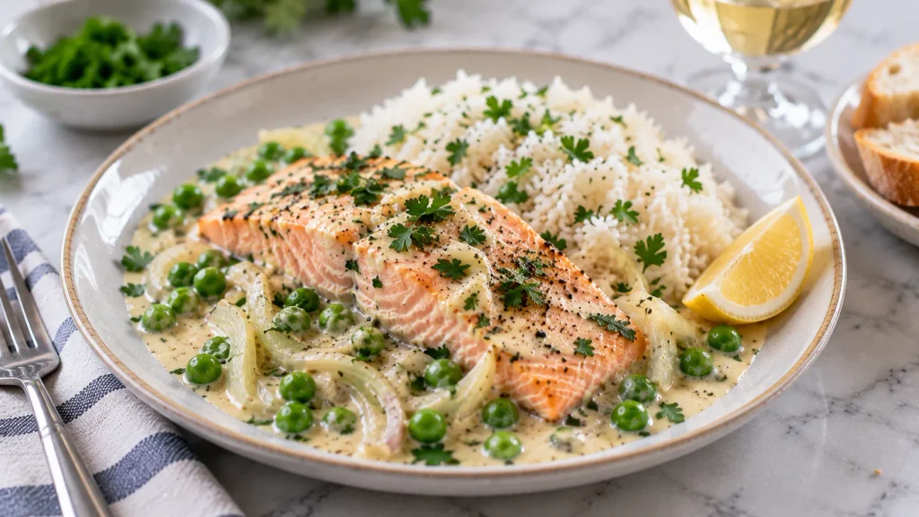 Mary Berry Salmon and Fennel Recipe served with creamy sauce, parsley and lemon