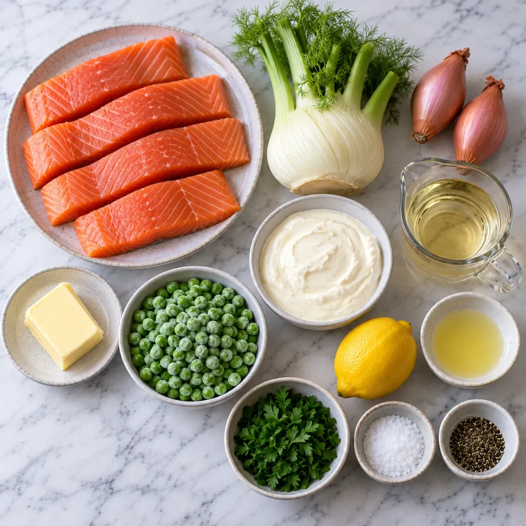Ingredients for Mary Berry Salmon and Fennel Recipe including salmon, fennel, crème fraîche, peas and herbs