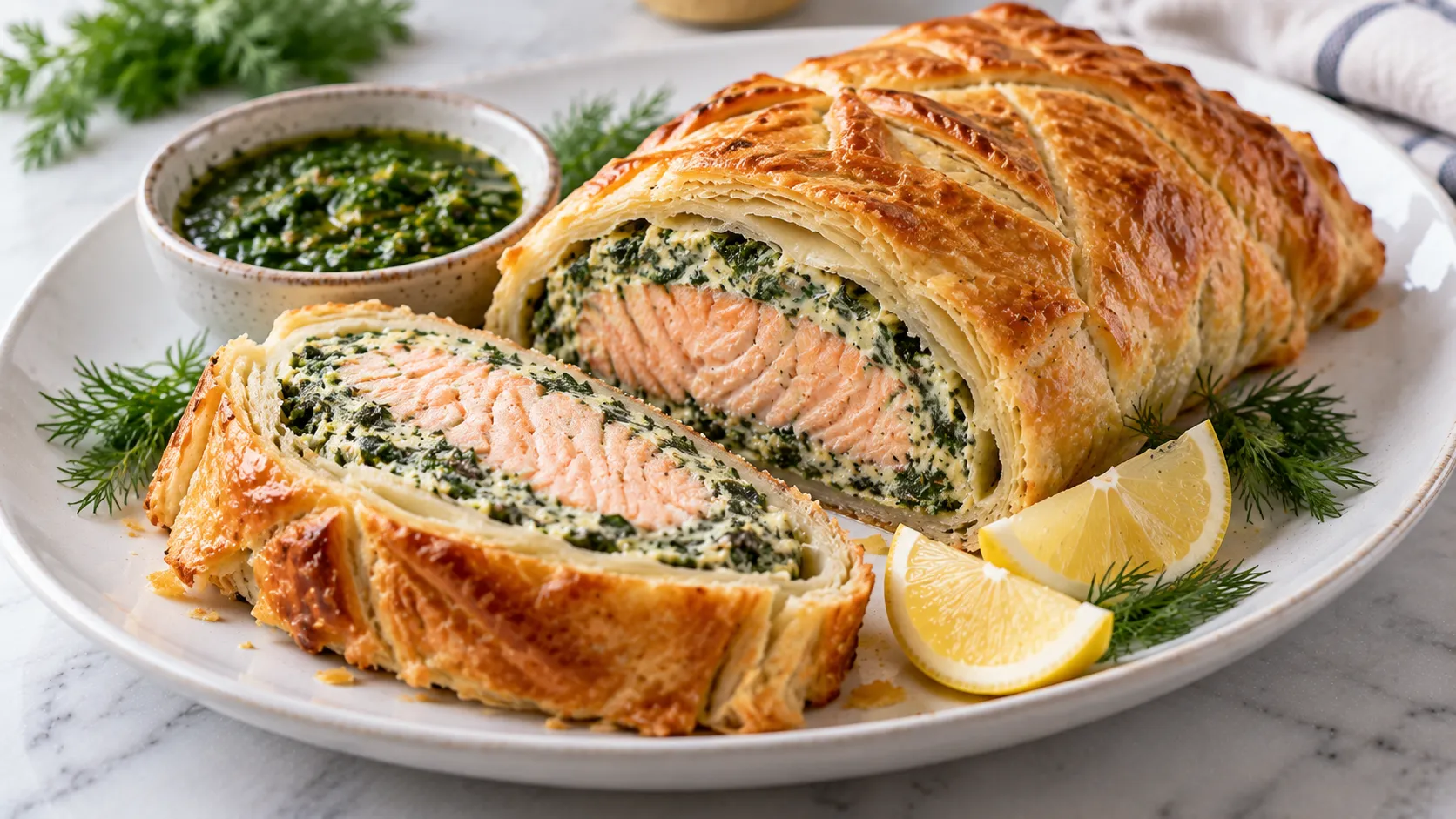 Mary Berry Salmon en Croute Recipe with golden pastry, tender salmon and creamy herb filling