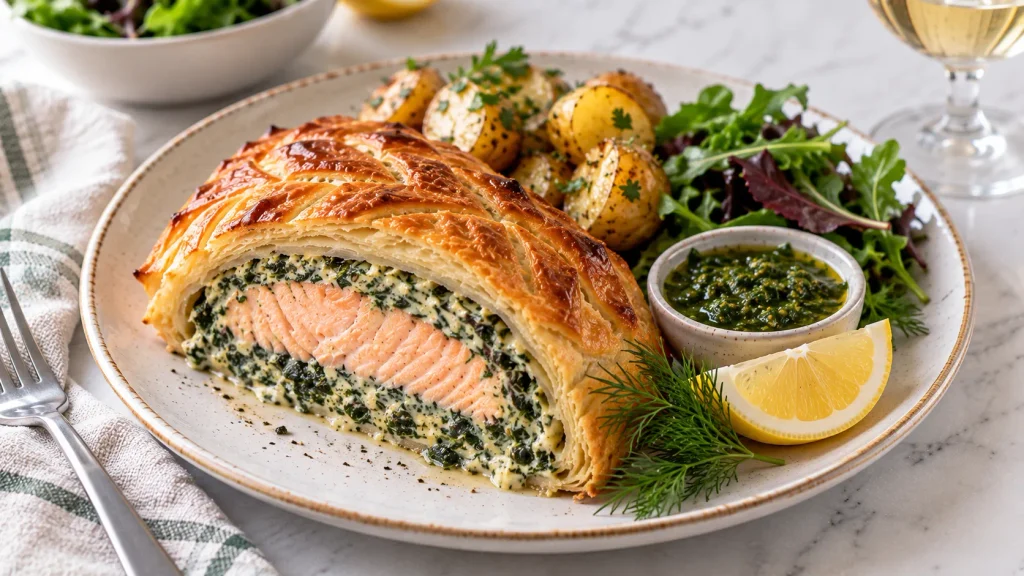 Mary Berry Salmon en Croute served with lemon wedges, fresh dill and salsa verde