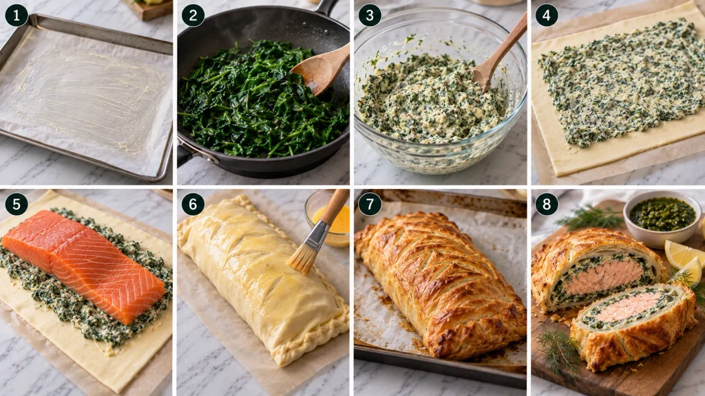 Step-by-step preparation of Mary Berry Salmon en Croute with spinach filling, pastry and baked salmon