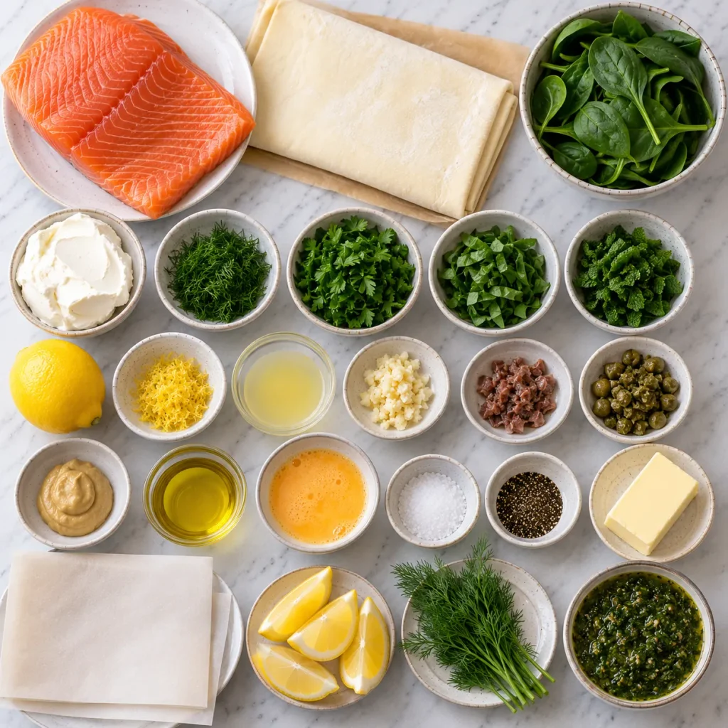 Ingredients for Mary Berry Salmon en Croute Recipe including salmon, puff pastry, spinach, herbs and cream cheese