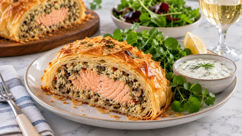 Mary Berry Salmon in Filo Pastry served with Greek yoghurt sauce and fresh watercress