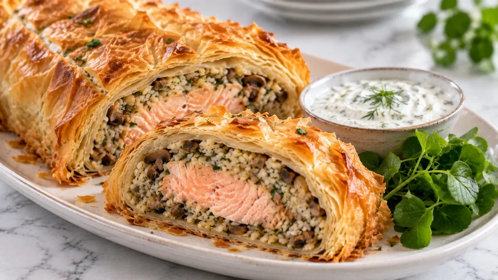 Mary Berry Salmon in Filo Pastry with golden crisp filo and salmon rice filling