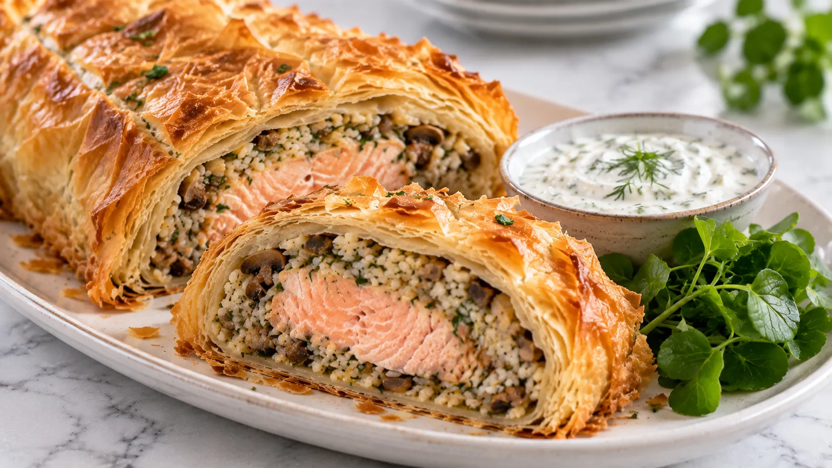 Mary Berry Salmon in Filo Pastry with golden crisp filo and salmon rice filling