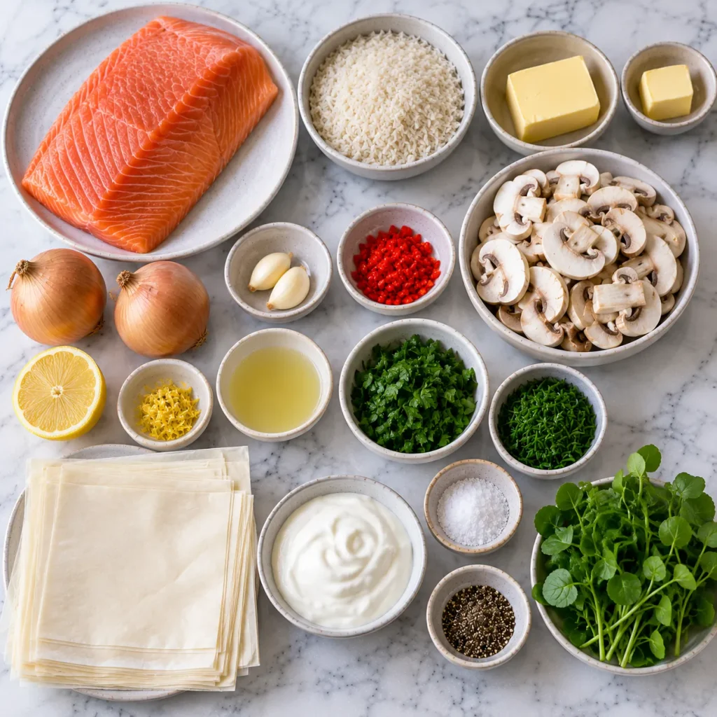 Ingredients for Mary Berry Salmon in Filo Pastry including salmon, rice, mushrooms, herbs and filo