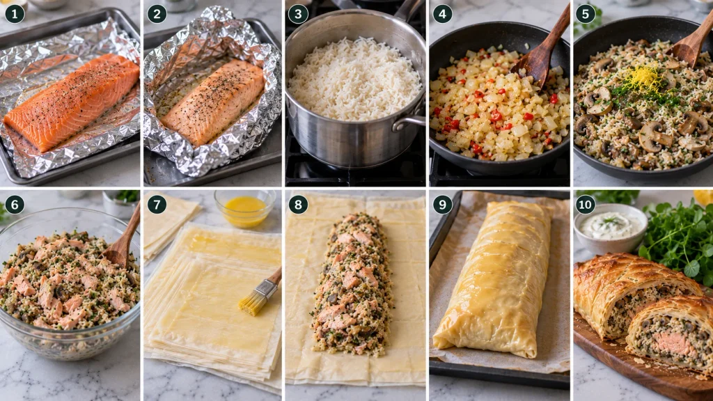 Step-by-step preparation of Mary Berry Salmon in Filo Pastry with salmon rice filling