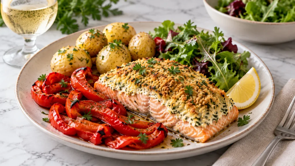 Mary Berry Salmon with Cream Cheese and Peppers served with red peppers and parsley garnish