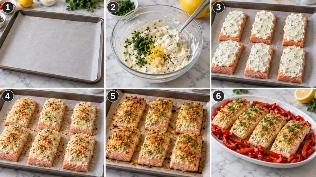Step-by-step preparation of salmon with cream cheese topping and herb breadcrumb crust