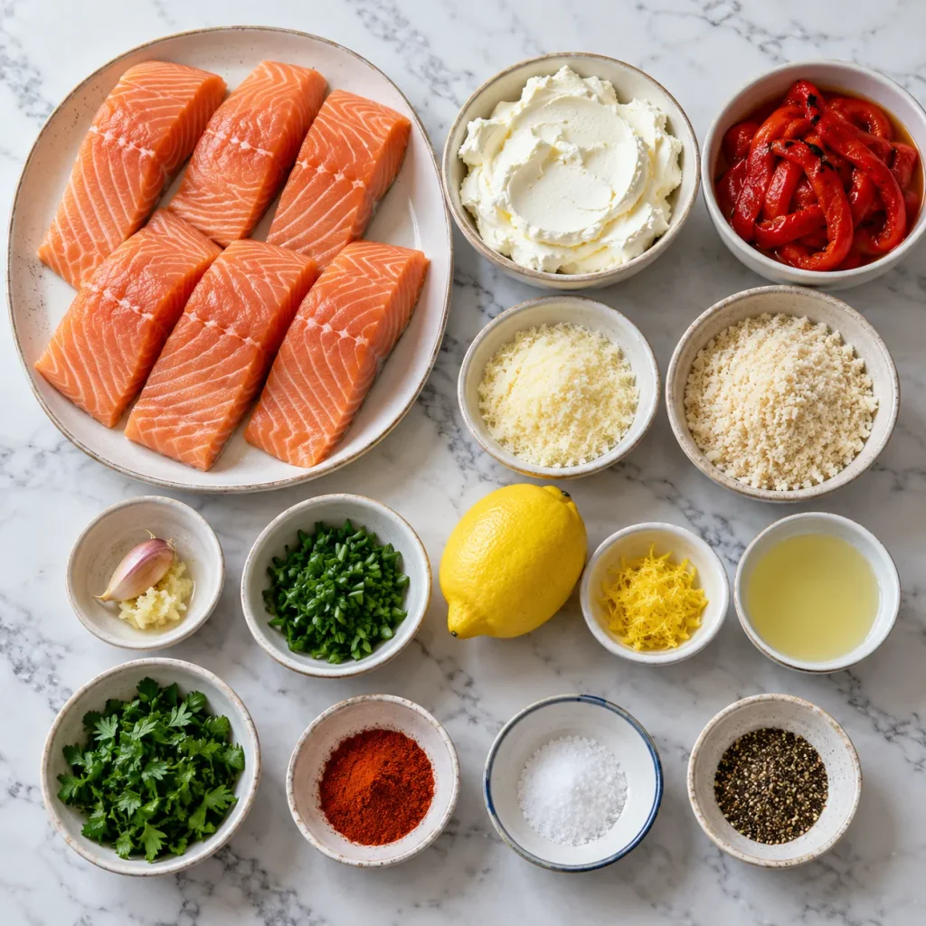 Ingredients for Mary Berry Salmon with Cream Cheese and Peppers including salmon, cream cheese, herbs, lemon, Parmesan and breadcrumbs