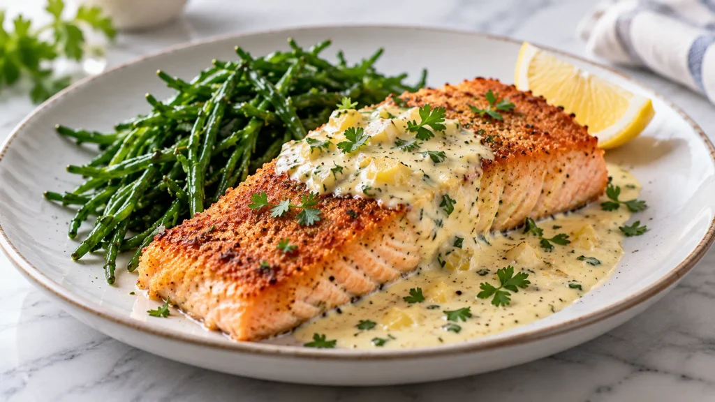 Mary Berry Salmon with Lemon Sauce served with samphire, lemon wedge and creamy sauce