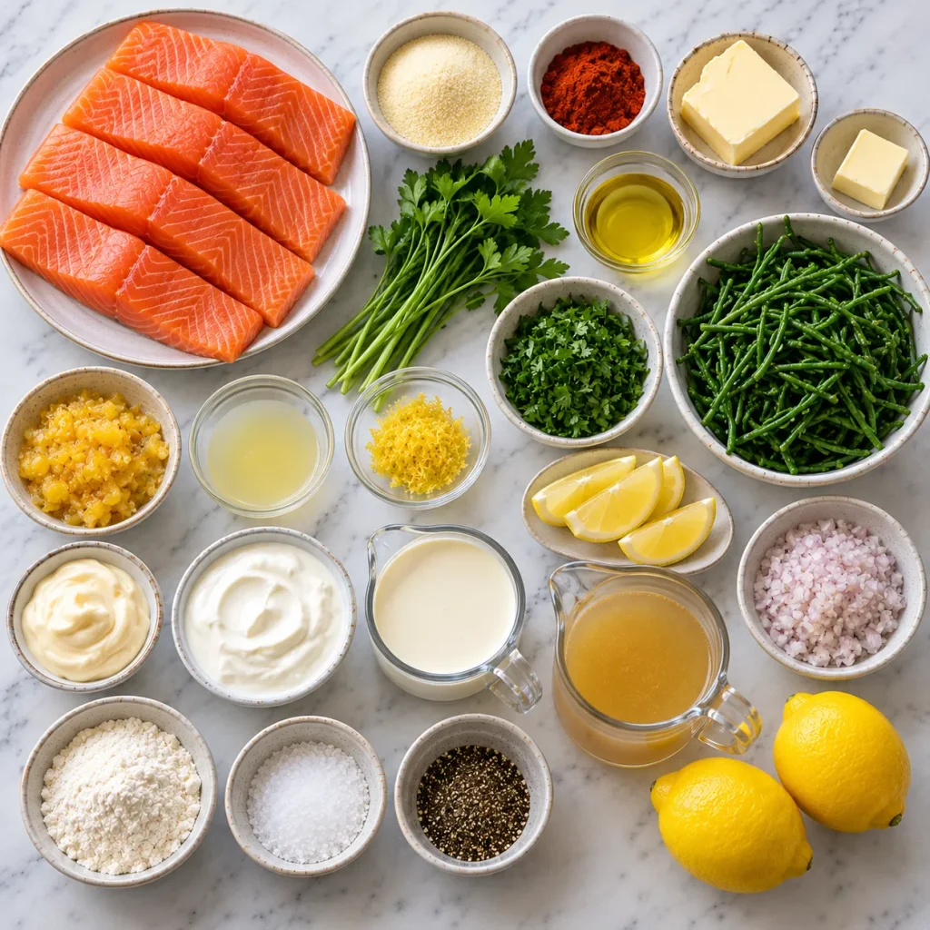 Ingredients for Mary Berry Salmon with Lemon Sauce Recipe including salmon, preserved lemons, samphire and cream