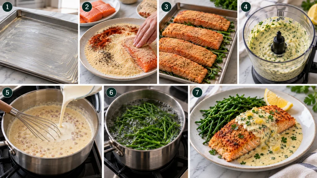 Step-by-step preparation of Mary Berry Salmon with Lemon Sauce with salmon, lemon sauce and samphire