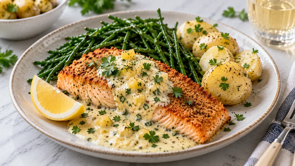 Mary Berry Salmon with Lemon Sauce Recipe with golden salmon, samphire and creamy lemon sauce