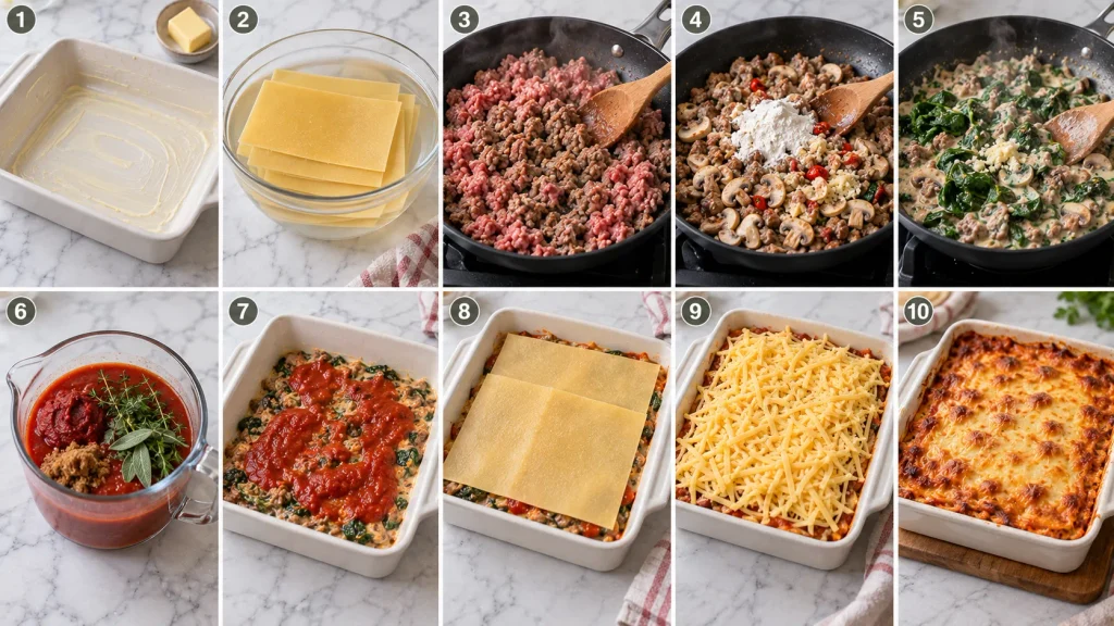Mary Berry Sausage Lasagne Recipe shown in chronological cooking steps