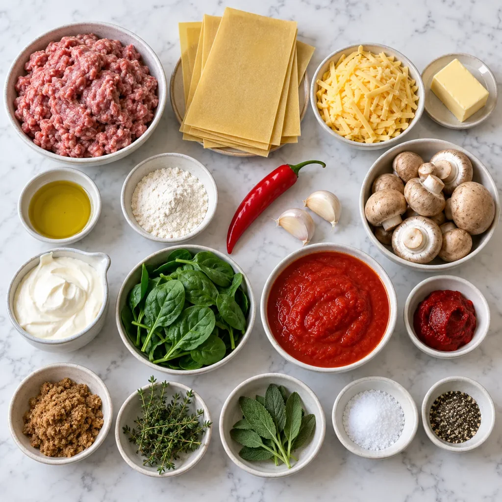 Ingredients for Mary Berry Sausage Lasagne Recipe including sausage meat, mushrooms, spinach and lasagne sheets