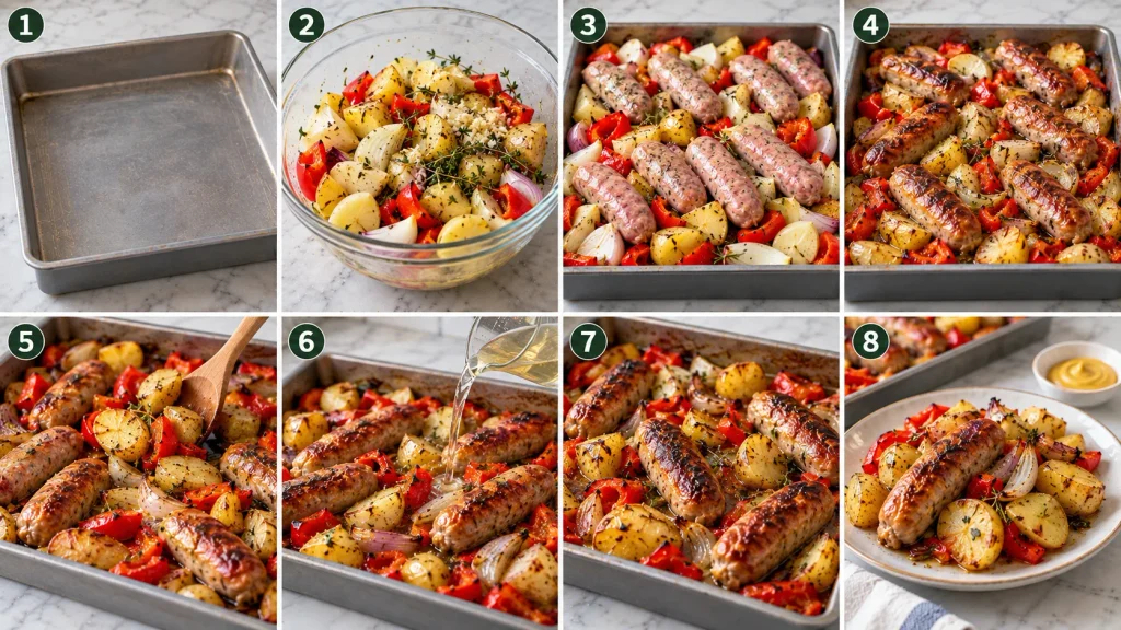 Step-by-step panels showing vegetables being coated in oil, sausages roasting, and the finished traybake