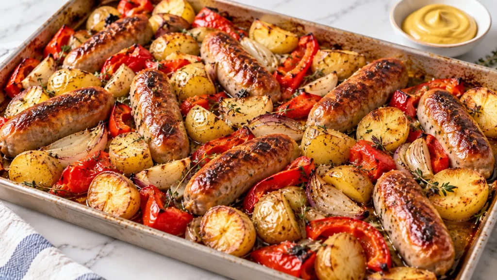 Mary Berry Sausage Traybake with roasted sausages, potatoes, and peppers in a roasting tin