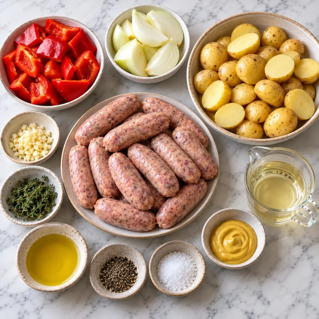 Flat-lay of ingredients for Mary Berry Sausage Traybake, including sausages, baby potatoes, onions, and red peppers