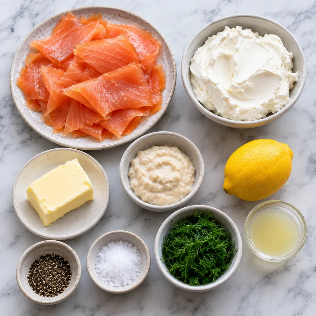 Ingredients for Mary Berry Smoked Salmon Pate Recipe including smoked salmon, cream cheese, butter and dill