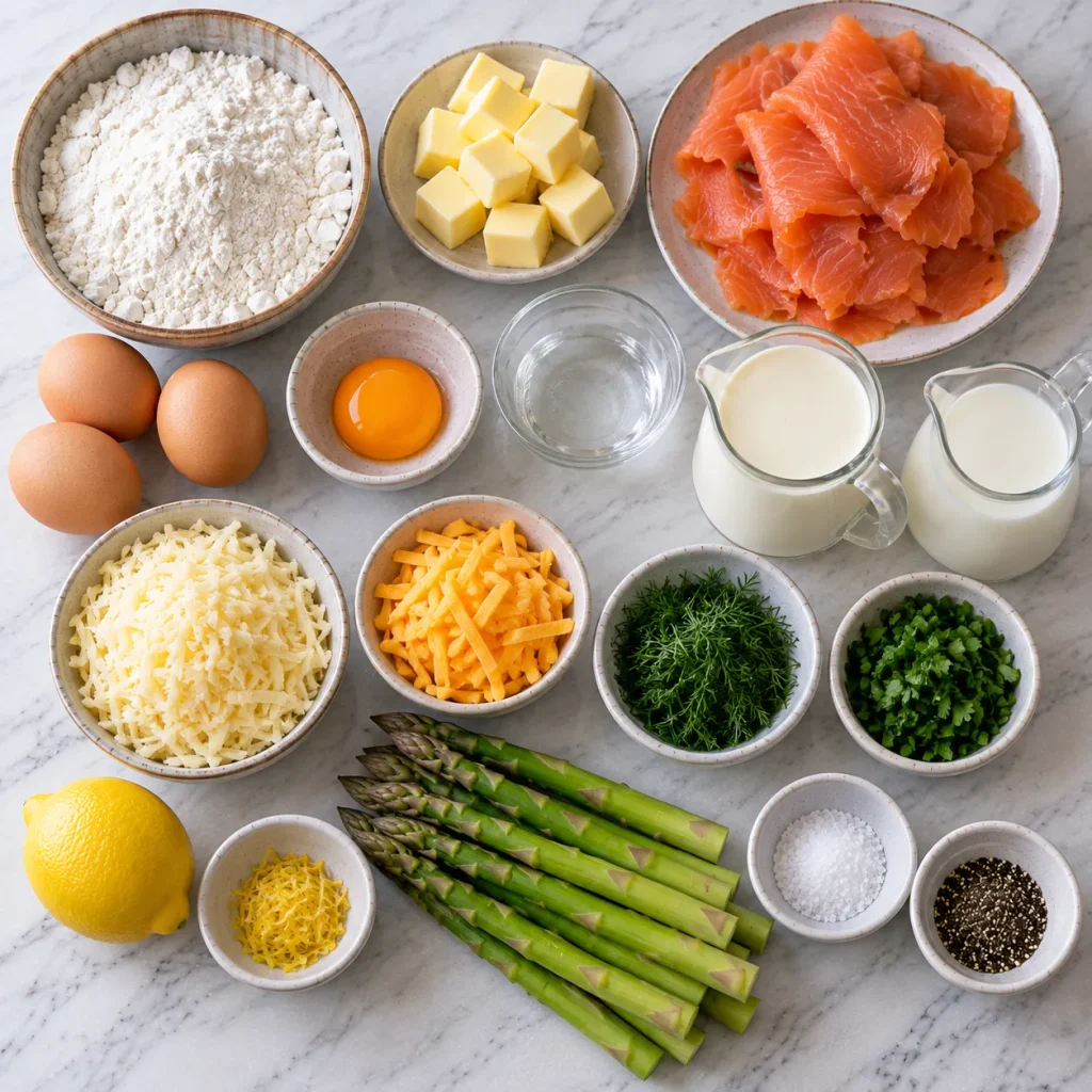 Ingredients for Mary Berry Smoked Salmon Quiche including smoked salmon, Gruyère, eggs, cream and asparagus