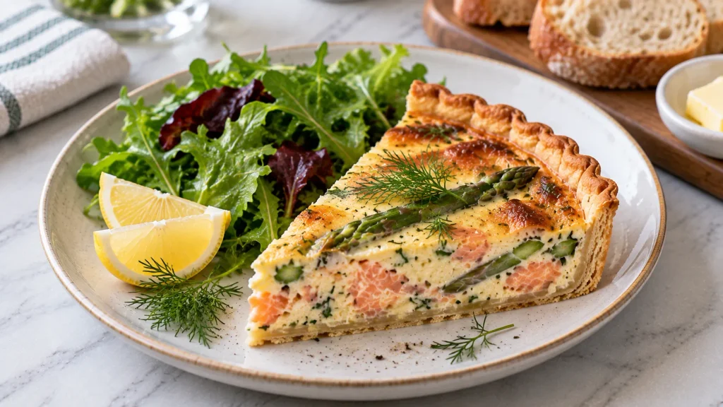 Mary Berry Smoked Salmon Quiche served in slices with fresh dill and lemon wedges