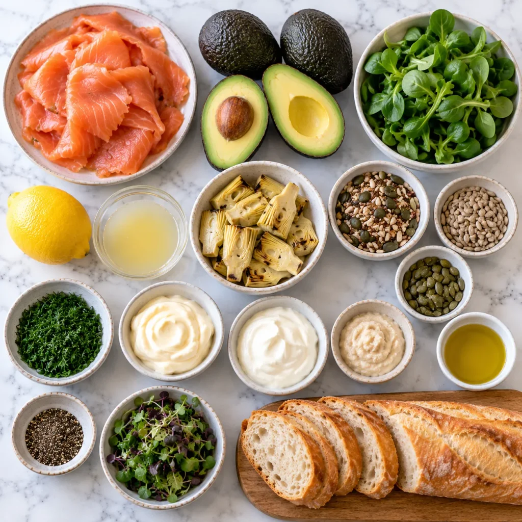 Ingredients for Mary Berry Smoked Salmon and Avocado Parcels including smoked salmon, avocado, artichokes, herbs and seeds