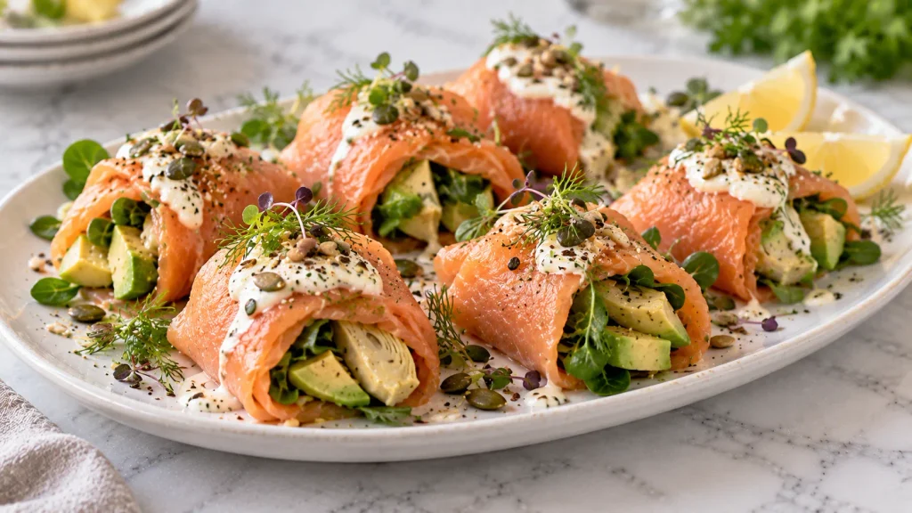 Mary Berry Smoked Salmon and Avocado Parcels with lamb's lettuce and creamy horseradish dressing
