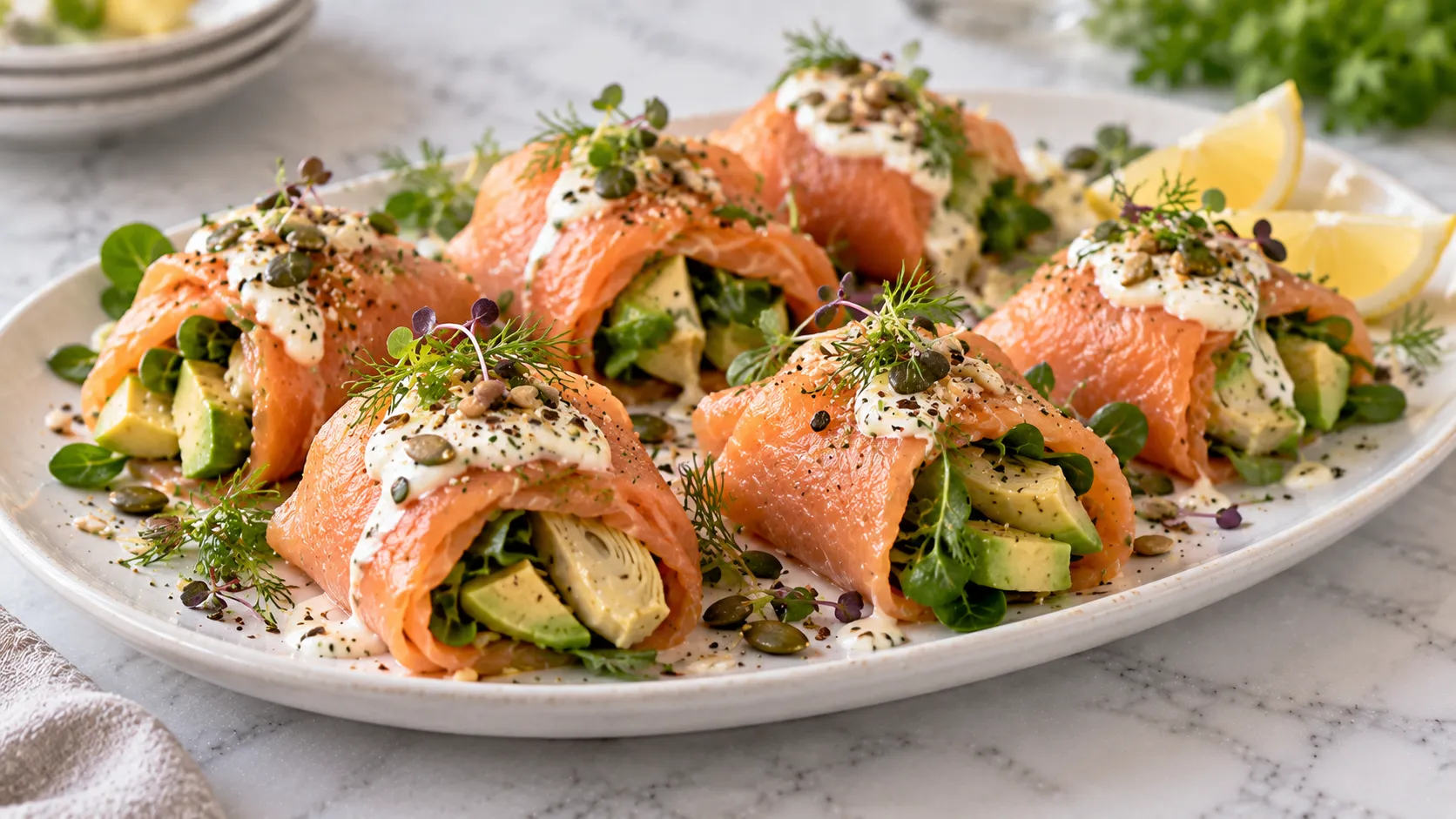Mary Berry Smoked Salmon and Avocado Parcels with lamb's lettuce and creamy horseradish dressing