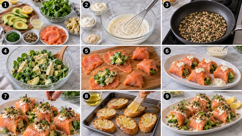 Mary Berry Smoked Salmon and Avocado Parcels shown through the preparation and assembly steps