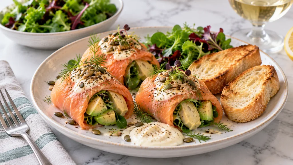 Smoked salmon and avocado parcels served with toasted seeds, fresh dill and optional baguette