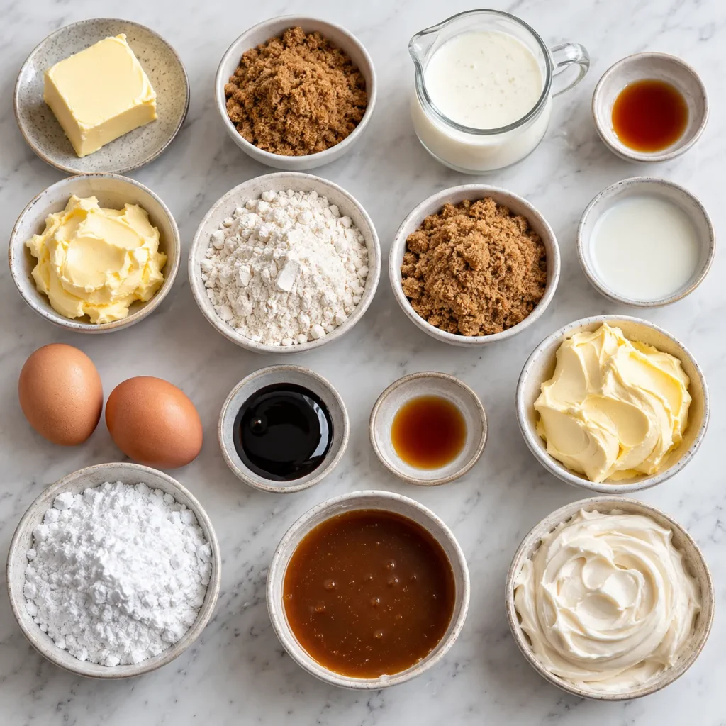 Ingredients for Mary Berry Sticky Toffee Cupcakes including muscovado sugar, flour, eggs and black treacle