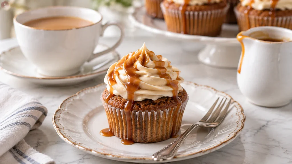 Mary Berry Sticky Toffee Cupcakes finished with buttercream and toffee sauce