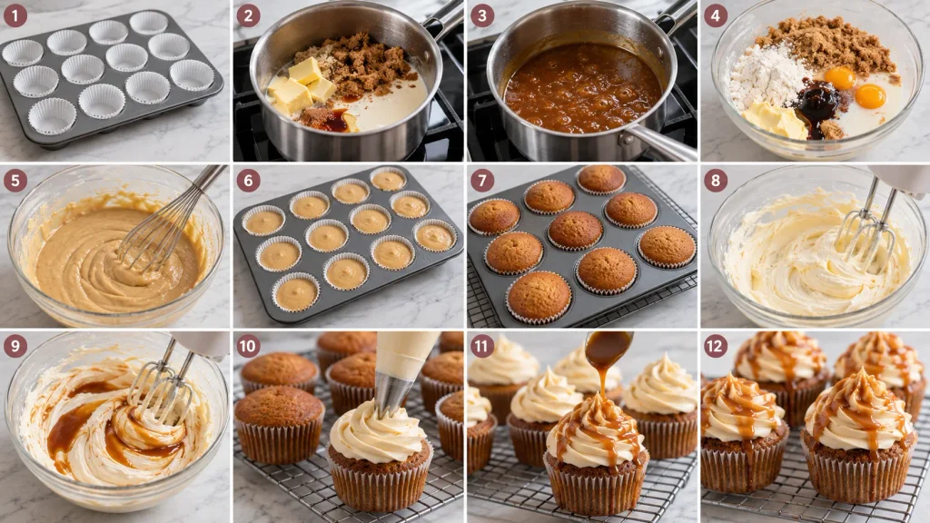 Step-by-step preparation of Mary Berry Sticky Toffee Cupcakes, toffee sauce, buttercream and cupcake baking