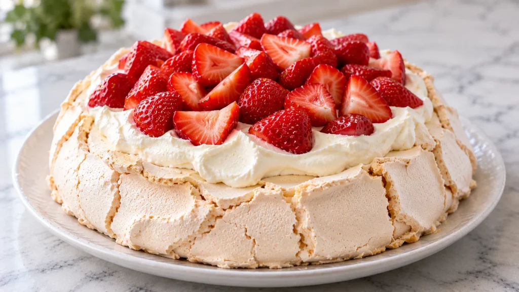 Mary Berry Strawberry Pavlova with crisp meringue, whipped cream and fresh strawberries