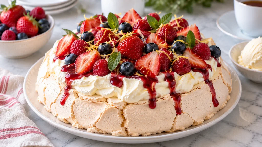 Mary Berry Strawberry Pavlova with crisp meringue, whipped cream and fresh strawberries