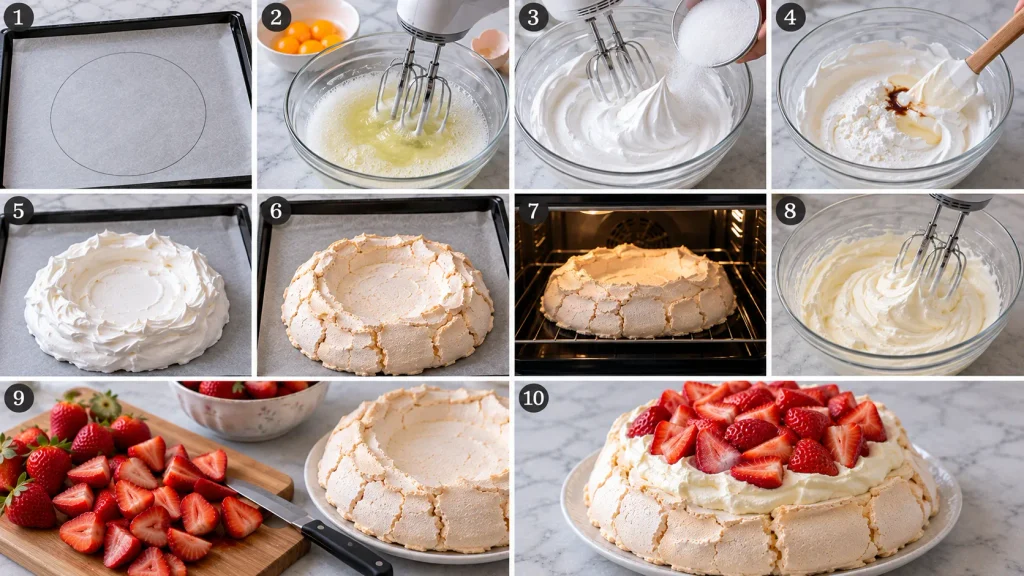 Step-by-step preparation of Mary Berry Strawberry Pavlova with meringue, cream and strawberries