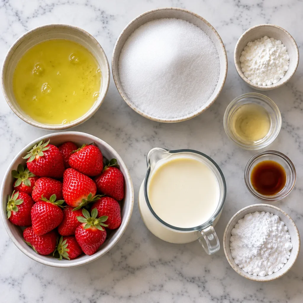 Ingredients for Mary Berry Strawberry Pavlova including egg whites, sugar, lemons, cream and strawberries